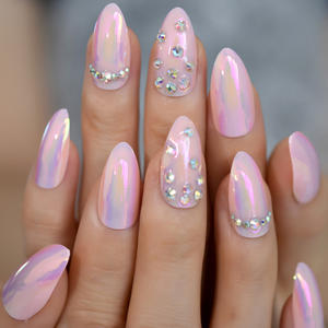 Nouveaux ongles chromés <span class=keywords><strong>avec</strong></span> <span class=keywords><strong>strass</strong></span> amande néon longueur moyenne <span class=keywords><strong>rose</strong></span> luxe presse sur les ongles - Product Image 5