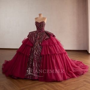 Vestido de Quinceañera Rojo Rsm261051 para Mujer, Estilo Princesa con Escote Corazón, Sin Mangas, Espalda con Cordones y Lentejuelas, Jancember - Product Image 3