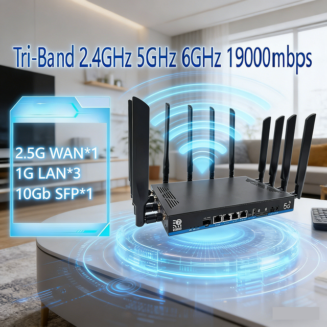 Custom Logo New Openwrt 5g WiFi7 Tri-Band 2.4GHz 5GHz 6GHz 19000ax USB VPN Router VPN QoS Module 10GB SFP Port Dual SIM Slot