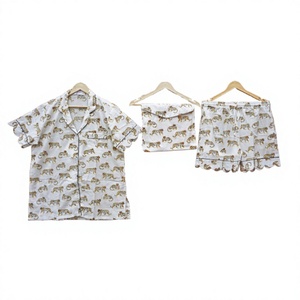 Conjunto de Pijama de 3 Piezas para Mujer, 100% Algodón, Estampado de Tigre, Manga Corta, Botones al Frente, Pantalones Cortos, Ropa de Dormir Informal de Verano, Cintura Alta, Suave - Product Image 1