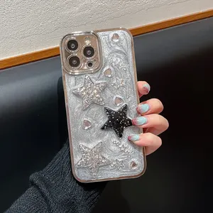 3D Star Rhinestone Silver Electroplated Phone Case For iPhone 15 14 13 12 11 Pro XS Max XR X Soft Shockproof Cover for iphone15