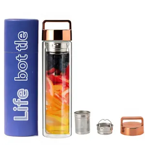 Thermos Bamboo Top Insulated tight Double Wall Glass Bottle 304 Stainless Steel Loose Tea Infuser