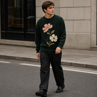 Fabricant de pulls sur mesure – Pull ample et épais en mélange de coton, motif floral intarsia vert foncé pour homme