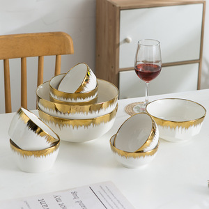 Tazón Cerámico Escandinavo Simple con Borde Dorado para Uso Diario en el Hogar, Elegante para Servir Ensaladas, Fideos y Arroz - Product Image 2