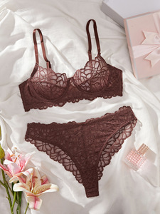 Brown Floral Lace Underwire Bra and Thong <b>Set</b> Womens <b>Sexy</b> Sheer Mesh Intimates Lingerie <b>Set</b> Elegant Underwear <b>Set</b> OEM ODM - Product Image 2