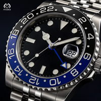 Montre GMT avec logo personnalisé, double fuseau horaire, lunette verte et noire, remontage automatique, bracelet en acier inoxydable à cinq maillons, montres-bracelets pour hommes à double fuseau horaire