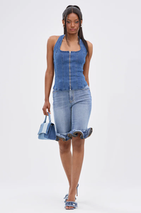 Shorts in denim da <span class=keywords><strong>donna</strong></span> a vita alta azzurro chiaro, stile <span class=keywords><strong>boyfriend</strong></span> vintage chic estivo con orlo arricciato e tecnica lavata casual - Product Image 5