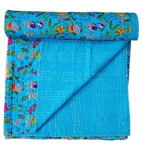 Elegant Home Textile Indian Floral Block Printed Kantha Spread Organic <b>Blue</b> Cotton Handmade Queen Size 220g Fashion Accessories - Product Image 1
