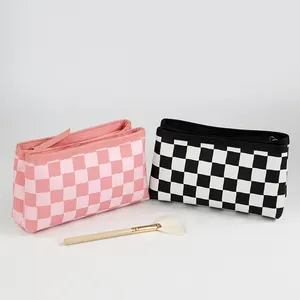 ODM Ciffnoo NO.4339 Custom Checkered Printed Double Layer Makeup Organize Nylon Cosmetic Bag With Logo