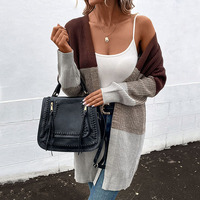 Cardigan à Col en V Femme Automne/Hiver 2024, Pull Tricoté Tendance Bicolore pour Dames