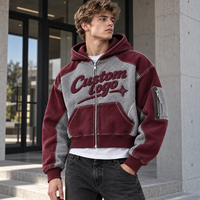 Sweat à capuche zippé personnalisé pour homme, coupe courte, color block, broderie chenille, logo personnalisé pour un style rétro streetwear