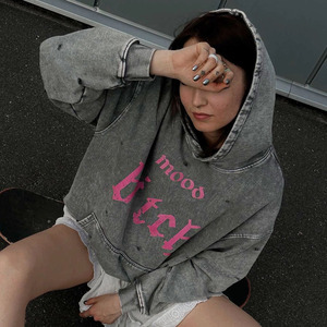 Sudadera con capucha de rizo francés lavado con ácido gris oscuro para mujer ropa de calle personalizada 480gsm sudaderas con capucha de lavado asid Portugal - Product Image 6