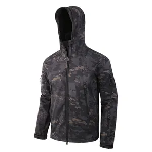 ESDY Jaket Olahraga Luar Ruangan, Jaket Berburu Bertudung Taktis Tahan Air Softshell Tempur Seragam Paintball Luar Ruangan