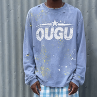 T-shirt à manches longues Ouna personnalisé avec logo, en coton épais vintage, sérigraphié, col rond, effet délavé, coupe décontractée oversize, style hip-hop