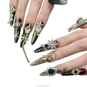 Ongles artificiels élégants et luxueux, <span class=keywords><strong>manucure</strong></span> 3D avec strass et perles, couverture complète, <span class=keywords><strong>vert</strong></span> <span class=keywords><strong>émeraude</strong></span>, ongles pressés faits à la main - Product Image 4