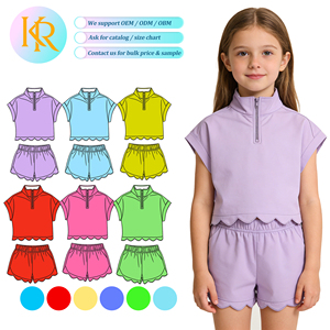 Completo Casual da Ragazza KR Personalizzato con Top Senza Maniche a Collo Alto e Mezza Zip, <span class=keywords><strong>Pantaloncini</strong></span>, in Tessuto Traspirante per Yoga con Stampa Colorata - Product Image 1