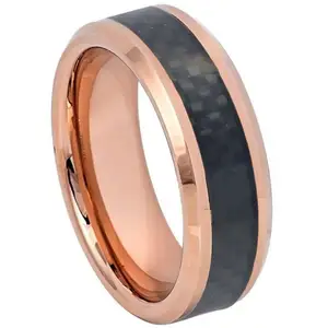 Dongguan all'ingrosso gioiellieri nero intarsio in fibra di carbonio oro rosa anello di tungsteno per coppia anello donna oro rosa oro