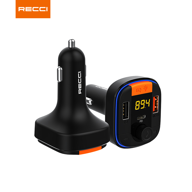 Recci new 5 in 1 hands-free wireless transmitter fast car charger with earphone SD, TF function for iPhone 12/ 13, android phone