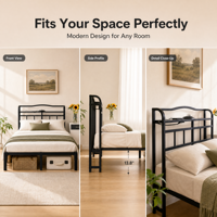 Cadre de lit en métal robuste à montage sans outil avec chargement USB, lumière d'ambiance et rangement sous le lit pour appartement, gain de place