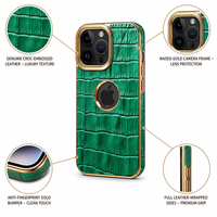 Étui de téléphone en cuir véritable pour iPhone 12 16 tous modèles, cuir de vachette marron avec cadre doré, vintage, luxe, antichoc, anti-chute