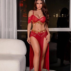 Ensemble de lingerie sexy en maille transparente, jupe longue, nouveau modèle à franges, ultra-fin, pour femmes - Product Image 3