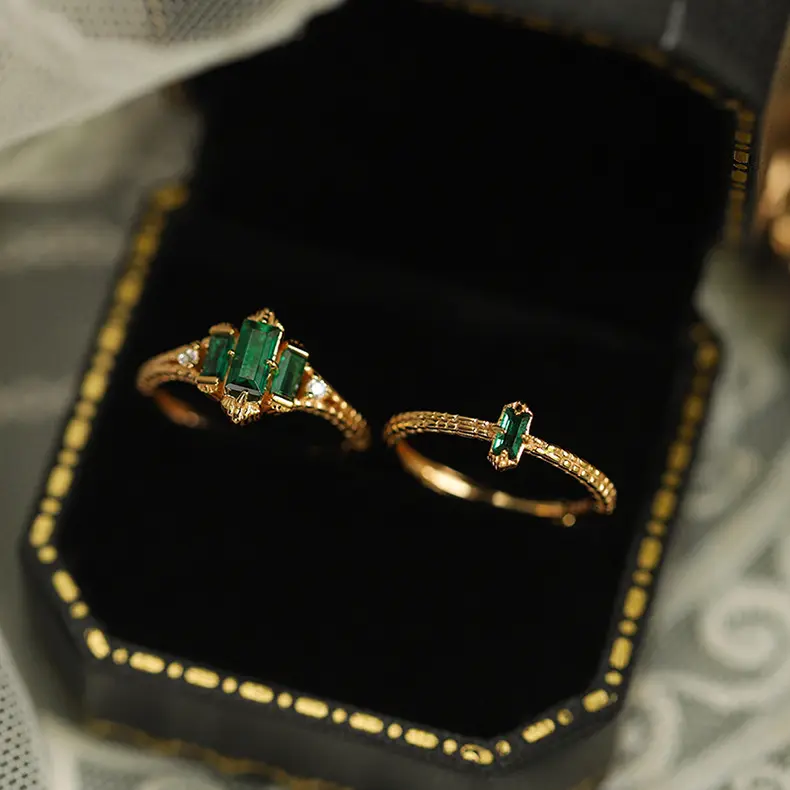 Joias finas vintage com três retangulares de corte esmeralda arranjo zircão baguete 925 anel de prata para menina