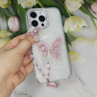 Coque de téléphone Bling Papillon avec dragonne en cristal, antichoc, pour iPhone X, 14, 11, 16, 17, 18 Series, Samsung, Redmi, OPPO, VIVO