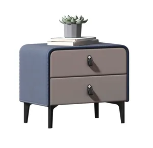 Minimalism Italian Style Luxury Modern Pu Leather Upholstered Nightstand Steel Leg Wooden Bed Side Table