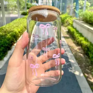 500 ml Pembe Kurdeleli Sevimli Cam Bardaklar, Kapaklı ve Pipetli, Buzlu Sütlü Kahve, Smoothie, Kokteyl, Matcha, Meyve Suyu için Bardak - Product Image 5