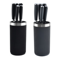 Ensemble de couteaux de cuisine en acier inoxydable 6 pièces avec support cylindrique à rayures verticales, anneau en acier, conception ambidextre, longueur de lame