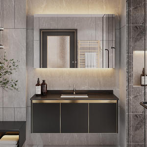 Meuble de salle de bain mural en céramique laquée de luxe avec miroir <span class=keywords><strong>LED</strong></span> et finition chromée pour hôtel - Product Image 4