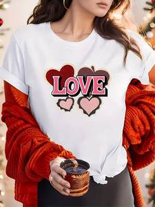 T-shirt casual da donna con design a cuore, maniche corte, girocollo, bianca, con motivo divertente, per San Valentino, tutte le stagioni - Product Image 3