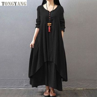 TONGYANG Robe Longue Femme Vintage en Coton et Lin, Boutonnage Simple, Ample et à Poches, Une Pièce, Décontractée, Grandes Tailles