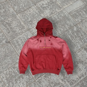 Sudadera con Capucha para Hombre, Estilo Desgastado, Lavado Ácido, 100% Algodón, Talla Grande, Cierre de Cremallera de un Cuarto, Tejido de Rizo, Serigrafía de Letras, 450 g/m², Otoño - Product Image 3
