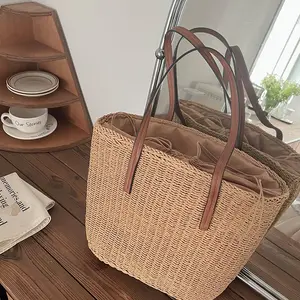Low Price Straw Bag 2024 Wholesale Handmade Shoulder Crochet Summer Beach Bag Leather Handle Big Capacity Fashion Design Bag
