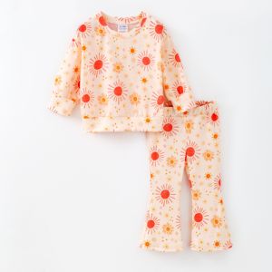 RTS Trẻ em Trẻ mới biết đi Áo sơ mi bé gái mùa thu đông có quần ống loe có chuông Bộ trang phục vải tuýt in hoa nơ - Product Image 5