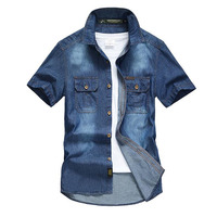 Chemises en jean multi-poches pour hommes, nouvelles chemises en jean bleues à manches courtes pour l'été, chemises décontractées en coton de haute qualité pour hommes