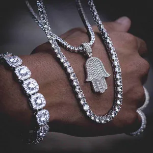 Trendy Cz Hip Hop Bean Chain Micro Pave Hamsa Hand Hanger Iced Out Bling Sieraden Ketting Voor Mannen