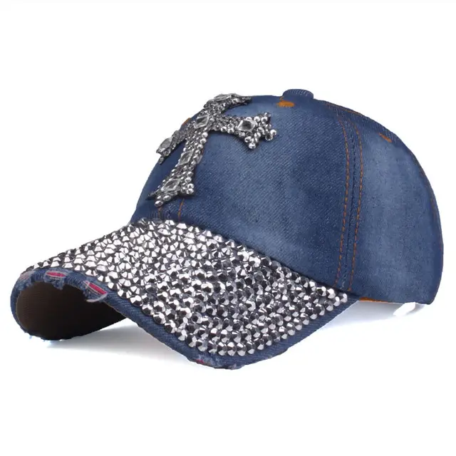 Bling Handmade Women Baseball Cap Man Snapback Cross Rhinestone Adjustable Denim Jeans Hat