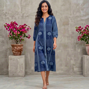 Vestido Bohemio Casual Largo hasta el Suelo, 100% Algodón Ecológico, Estampado a Mano Indio, Cintura Natural, Venta al por Mayor para Mujer - Product Image 1