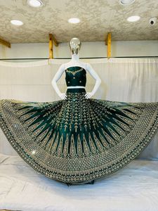 Zarna 16 Kali Net Heavy Bridal Lehenga Full Stone Shisha Mirror Glitter Work Big <b>Flare</b> Dupatta Blouse Included Semi-Stitched - Product Image 2