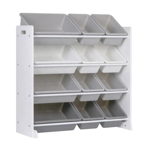 Factory wholesale children kids white wood shelf toy storage rack organizer with 12 plastic bins