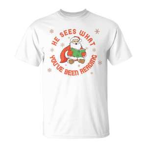He Sees What Youve Been Reading Christmas Santa T-Shirt Tri Blend Blanc Moyen - Product Image 1