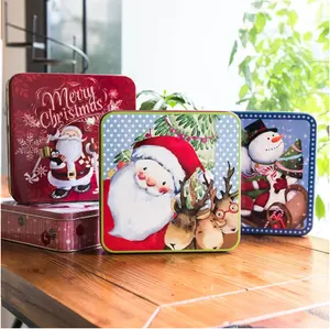 Cubierta de fábrica china, caja de embalaje de galletas rectangulares con estampado navideño, latas de regalo de Navidad, lata