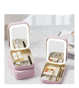 Women's Portable Leather Makeup Bag with <b>Mirror</b> Cosmetic Storage for <b>Small</b> Lipstick Brush Wireless Makeup Box with Light - Product Image 2
