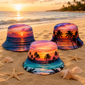 Sombrero de Pescador de Algodón con Estampado de Atardecer Tropical, Unisex, para Playa, Pesca y Actividades al Aire Libre, Personalizable, de Moda, para Verano, MOQ Bajo - Product Image 1