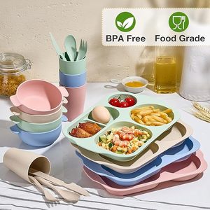 ชุดอาหารเย็นจากฟางข้าวสาลี 24 ชิ้น ชุดช้อนส้อมจานชามแบบไม่แตกหัก รวมถึงจานแบ่งสำหรับเด็ก ชาม ถ้วย ช้อน มีด ส้อม - Product Image 3