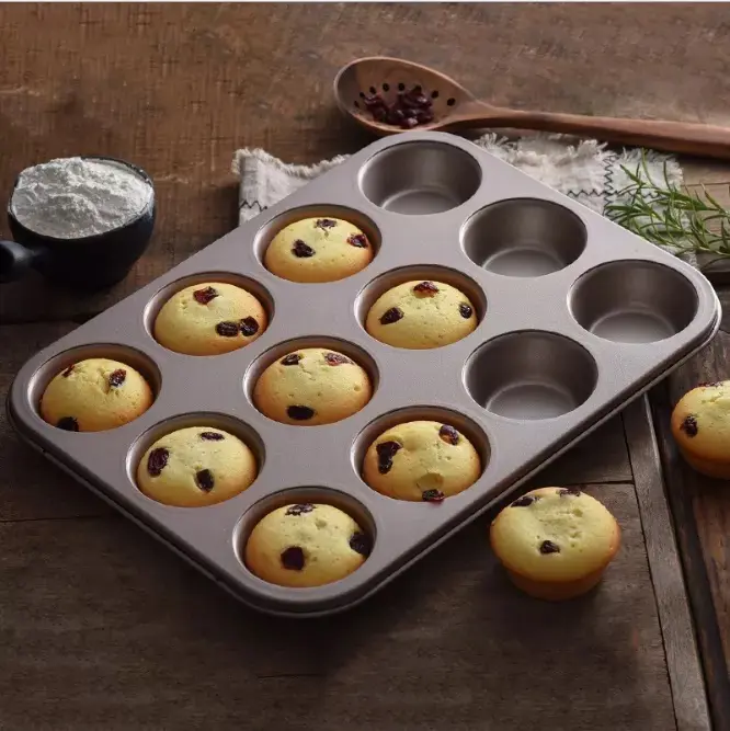 Panqueques y moldes para cupcakes de acero al carbono antiadherentes negros, 12 tazas para hornear moldes de rosquillas, platos para hornear pasteles