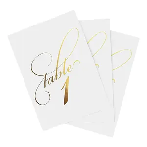 Cartões de papel folha de ouro luxuosos personalizados para decoração de festas, cartas com números de mesa para recepção de casamento