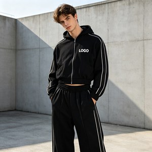 ชุดเซ็ตฮู้ดดี้ทรงแบ็กกี้แบบครอปสำหรับผู้ชาย ปักลาย 3 มิติ ล้างสีแบบแอซิด สเปรย์ลายลิงประดับเพชร 580GSM ชุดฮู้ดดี้มีซิปและกางเกงสำหรับผู้ชาย - Product Image 6